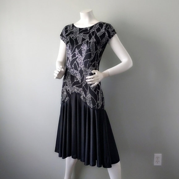 Diamond's Run Black Formal Dress Midi Silver Glitter Drop Waist Vintage 80s Prom - Picture 7 of 10